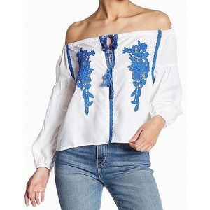 Line & Dot Floral Embroidered Off The Shoulder Top